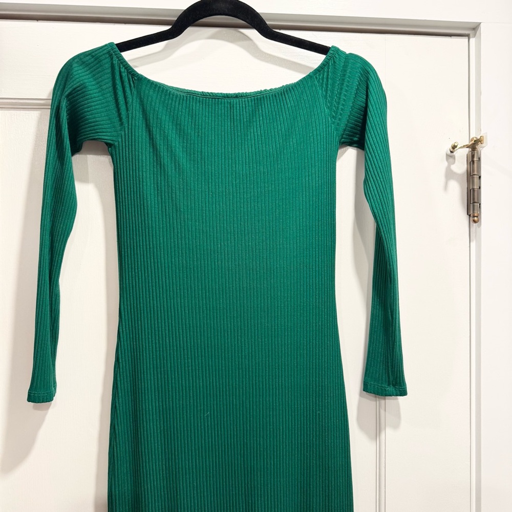 Enza Costa Off Shoulder Ribbed Jersey Midi Dress XS Green‎ Wedding Guest Party - Picture 12 of 13